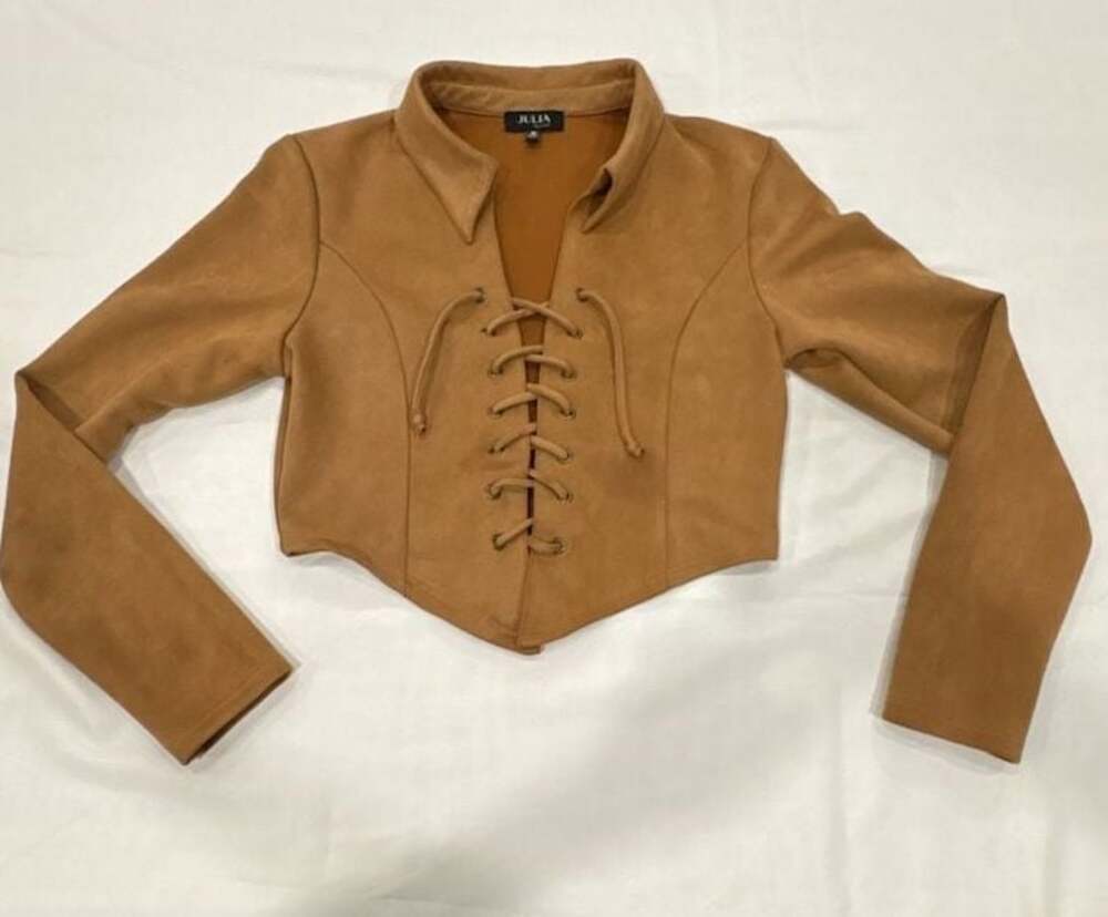 Julia by Love J Women's Camel Faux Suede Lace-Up Cropped Jacket